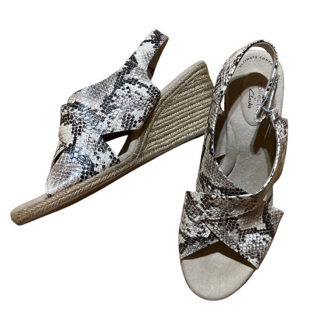 Clarks Gray and Tan Wedge Sandals with Espadrille Heel